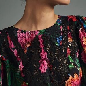 Farm Rio Anthropologie Blooming Garden Black Lace Floral Women's Blouse
